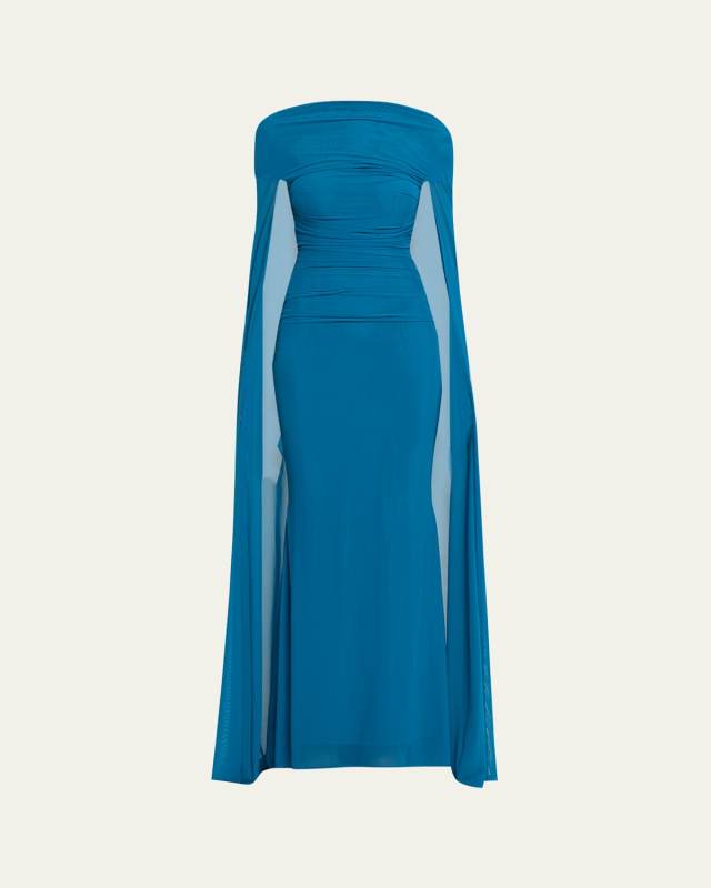 Ruched Mesh Cape Evening Gown